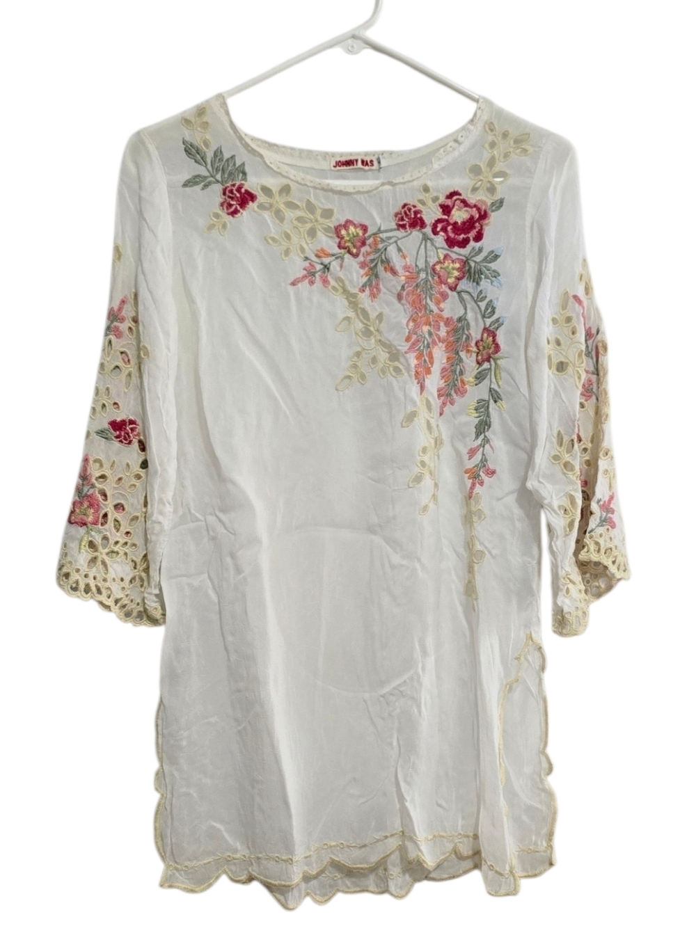 Johnny Was White Embroidered Floral Tunic Size S Oversized